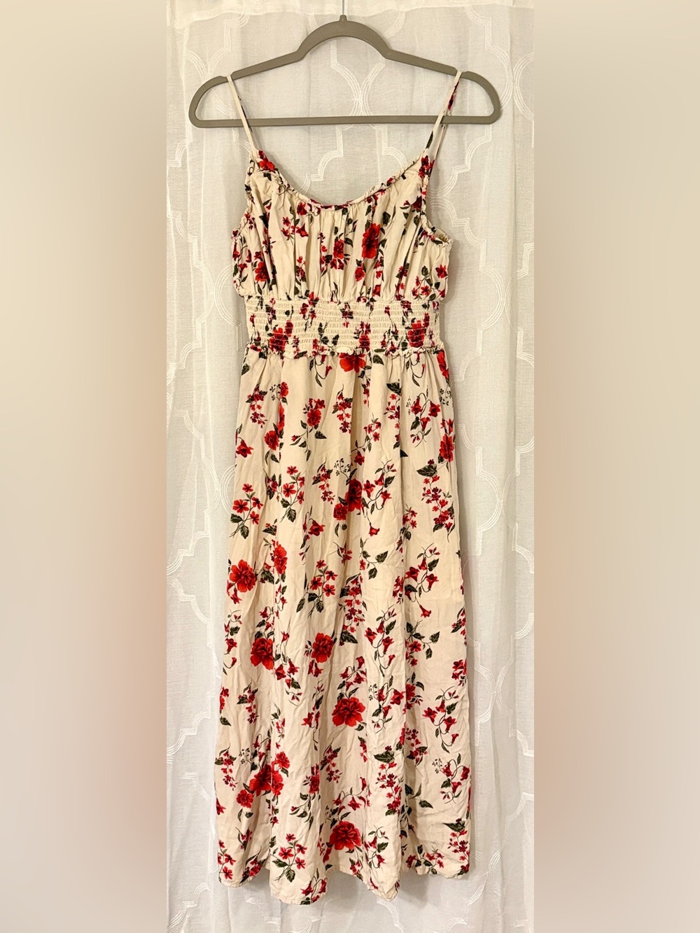 Old Navy Small Tall Cream Red Floral Smocked Midi Dress